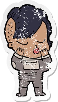 distressed sticker of a cartoon pretty hipster girl vector