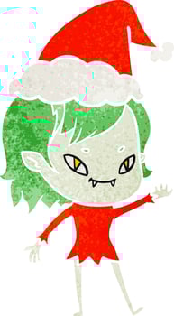 retro cartoon of a friendly vampire girl wearing santa hat vector