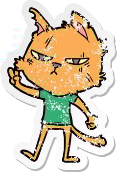 distressed sticker of a tough cartoon cat giving victory sign vector