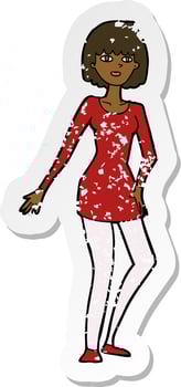retro distressed sticker of a cartoon woman in dress vector