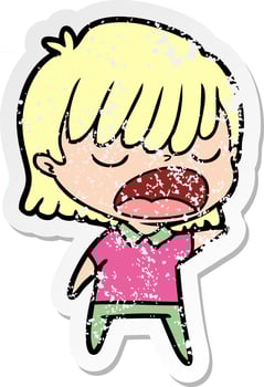 distressed sticker of a cartoon woman talking loudly vector