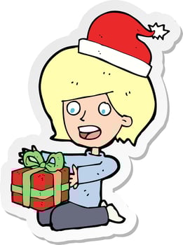 sticker of a cartoon woman opening presents vector