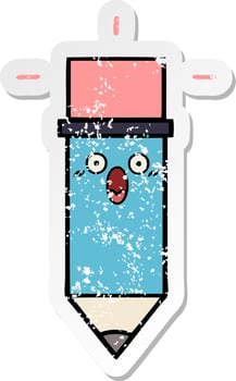distressed sticker of a cute cartoon pencil vector