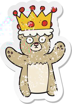 retro distressed sticker of a cartoon teddy bear wearing crown vector