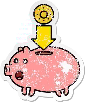 distressed sticker of a cute cartoon piggy bank vector