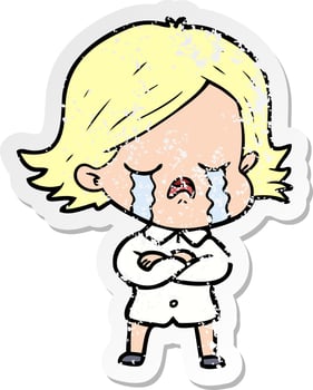 distressed sticker of a cartoon girl crying vector