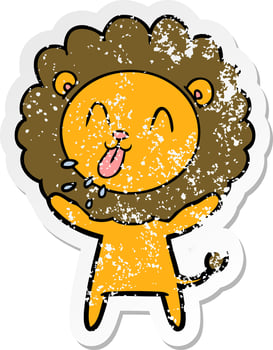 distressed sticker of a happy cartoon lion vector