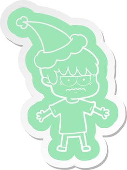 annoyed cartoon  sticker of a boy wearing santa hat vector