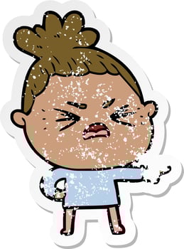 distressed sticker of a cartoon angry woman vector