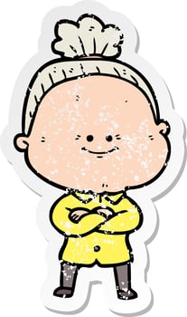 distressed sticker of a cartoon happy old woman vector