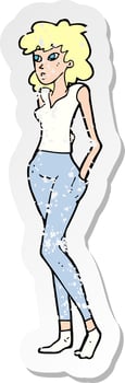 retro distressed sticker of a cartoon pretty woman vector