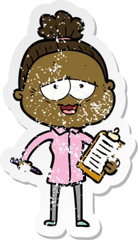 distressed sticker of a cartoon happy old lady vector