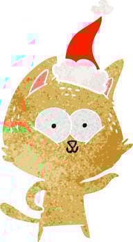 retro cartoon of a cat wearing santa hat vector