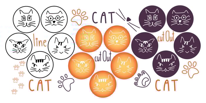 Cat head, kitten face, pow, outline and cut out doodle. Hand drawn pet head for childish or pet carrying shelter, vet design. Vector illustration isolated on white