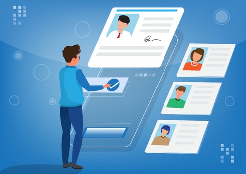 Recruitment concept. Choice of worker or personnel. Managers choosing resume of new employees. Vector Illustration.