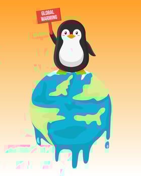 cute penguin holding global warming banner on melting earth vector