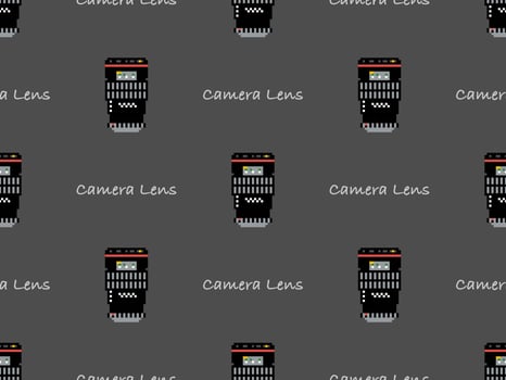 Camera lens cartoon character seamless pattern on gray background. Pixel style.. vector