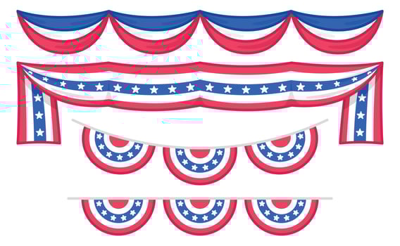 stage decoration with flag silk velvet Curtains or draperies in celebration of American Independence Day or memorial kawaii doodle flat vector illustration