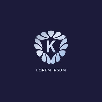 Letter K Alphabetic logo design template. Luxury decorative alphabet logo isolated on navy blue background. Silver metalic jewelry logo concept vector