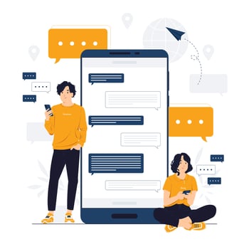 Concept illustration of man and woman friends having online conversation, messaging, chatting, communication, texting, Messages in mobile phone apps flat cartoon style vector