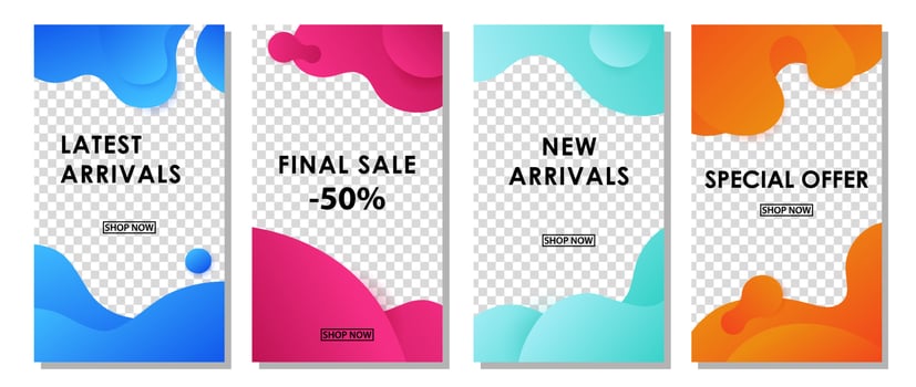 Set of social media stories templates with wavy gradient splashes. vector