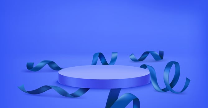 Blue room with podium and ribbons. Template for design. Vector 3d illustration