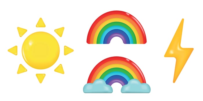 Set emoji icon, yellow sun and lightning, colorful rainbow. Realistic glossy 3d emotions. Vector illustration