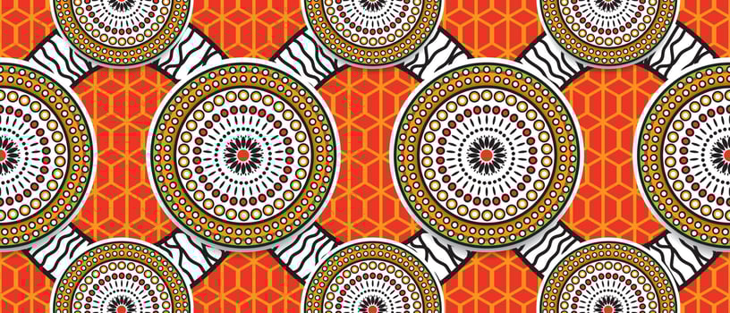 African ethnic traditional red orange color pattern. seamless beautiful Kitenge, chitenge style. fashion design in colorful. Geometric circle abstract motif. Floral Ankara prints, African wax prints. vector