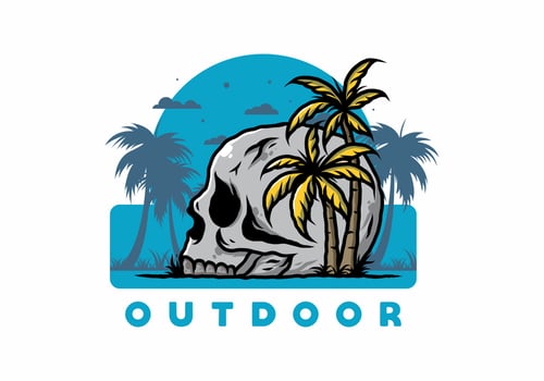 Skull head under coconut trees illustration vector