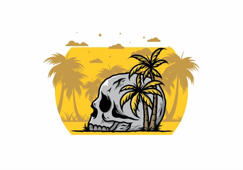 Skull head under coconut trees illustration vector
