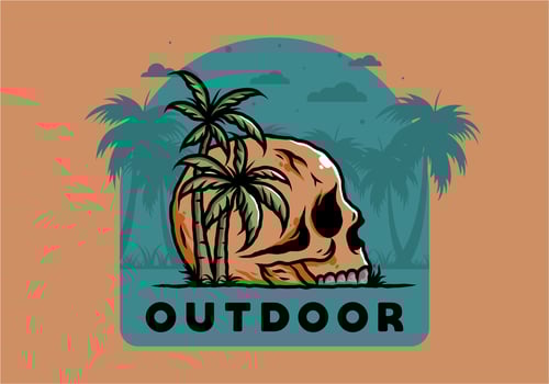 Skull head under coconut trees illustration vector