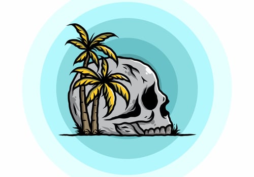 Skull head under coconut trees illustration vector