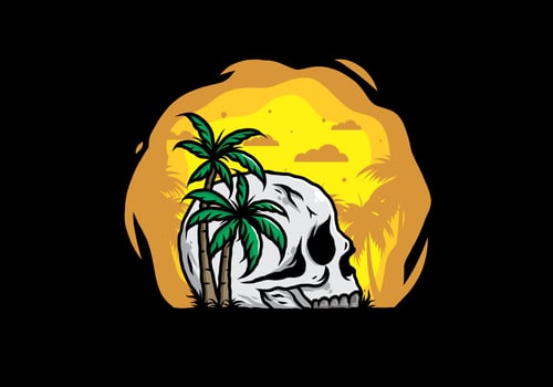 Skull head under coconut trees illustration vector