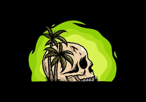 Skull head under coconut trees illustration vector