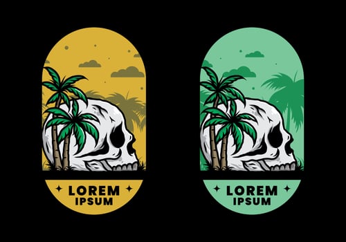 Skull head under coconut trees illustration vector
