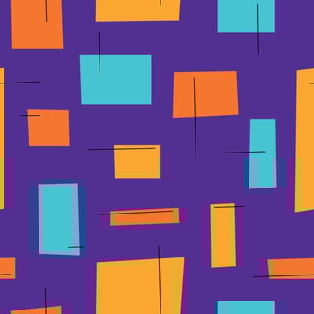 Seamless pattern with yellow, blue and orange abstract geometric shapes and black lines flat style, vector illustration on purple background. Design for packaging