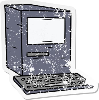 distressed sticker cartoon doodle of a computer and keyboard vector