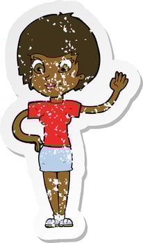 retro distressed sticker of a cartoon woman waving vector