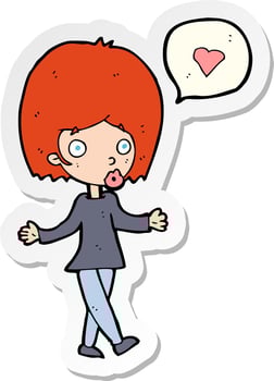 sticker of a cartoon woman in love shrugging shoulders vector