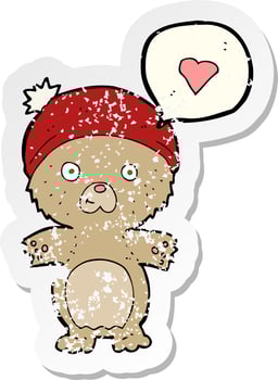 retro distressed sticker of a cartoon bear in hat vector