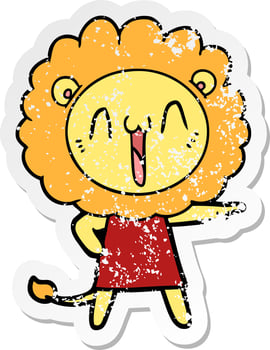 distressed sticker of a happy cartoon lion vector