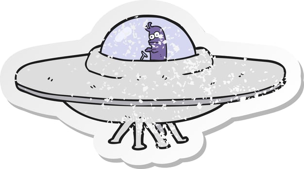 retro distressed sticker of a cartoon flying saucer vector