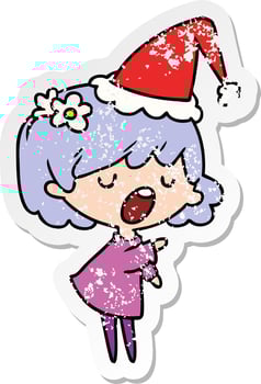 christmas distressed sticker cartoon of kawaii girl vector