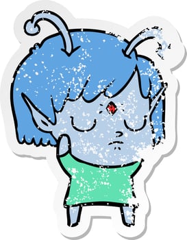 distressed sticker of a cartoon alien girl vector
