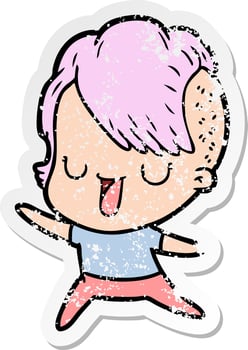 distressed sticker of a cute cartoon girl with hipster haircut vector