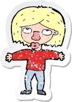 retro distressed sticker of a cartoon girl looking upwards vector