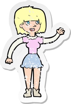 retro distressed sticker of a cartoon girl waving vector