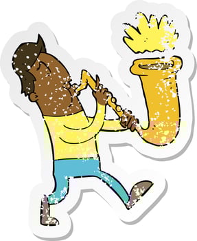 retro distressed sticker of a cartoon man blowing saxophone vector