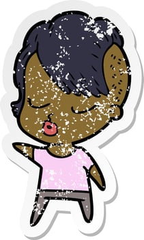 distressed sticker of a cartoon pretty hipster girl vector