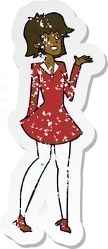 retro distressed sticker of a cartoon pretty woman in dress vector